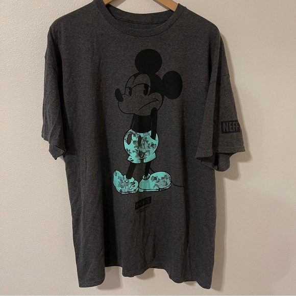 Neff x Disney Shurg Life Mickey Charcoal Gray Light Blue Floral Graphic Tee-XL - Picture 2 of 10